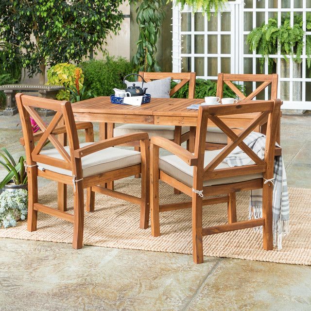 Acacia Wood Simple Patio 5-Piece Dining Set With X-Shaped Back, Brown ... throughout Grace Nick Outdoor 5 Piece Acacia Wood Dining Set With X Base
