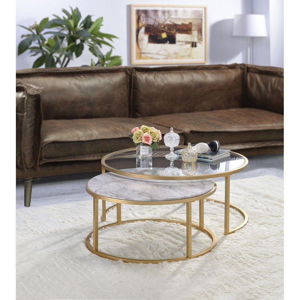 Acme Shanish Nesting Table Set (2Pc Pk) In Faux Marble & Gold 81110 In ... within A Closer Look at the Shanish Nesting Table Set's Design and Function
