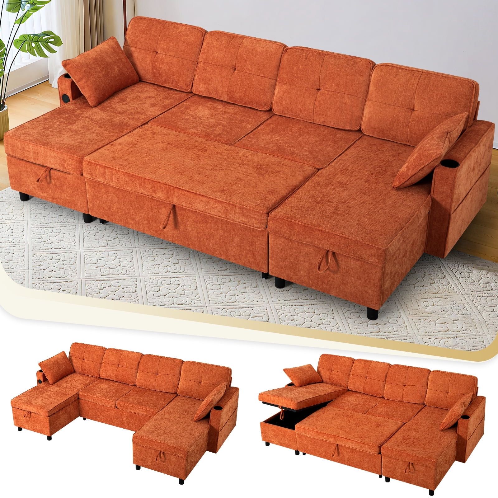 Acmease 108" U-Shaped Pull Out Sofa Bed W/Two Storage Chaises, Tufted ... throughout Armless Sleeper Sofa With Square Tufting And Built In Storage Space, Orange Chenille