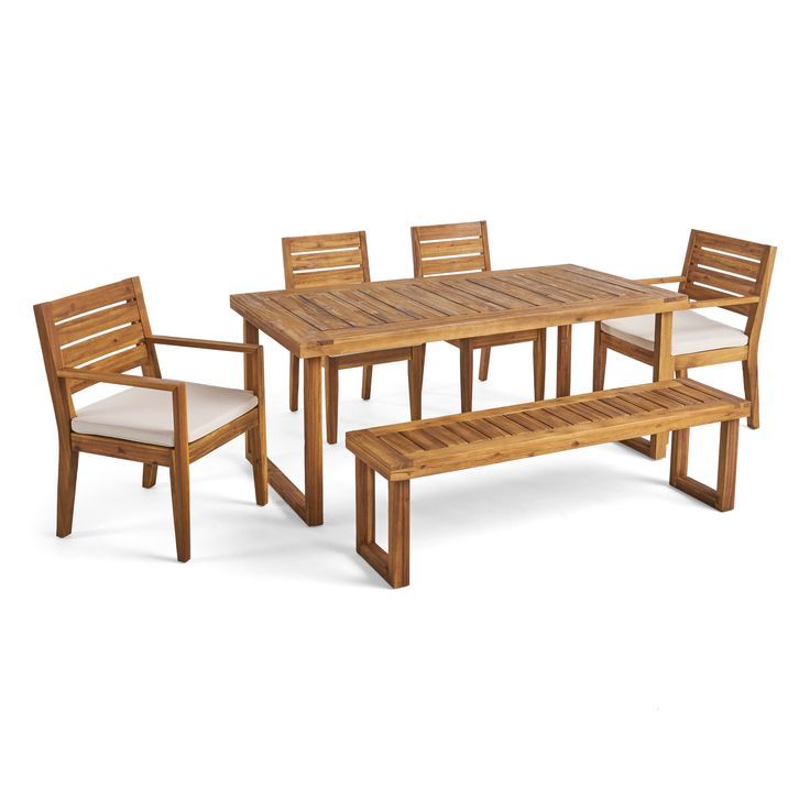 Alice Outdoor 6-Seater Acacia Wood Dining Set With Bench - Sandblast ... in Gdf Studio Kemp Outdoor 6-Seat Wood Dining Set, Sandblast Natural Stained/Beige