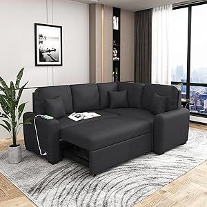Amazon.com: 3 In 1 Sleeper Sectional Sofa With Usb Charging Port,Plug Outlet And Pillows ... within Convertible Sofa Bed With Padded Upholstery, Pillows & Charging Ports, Black