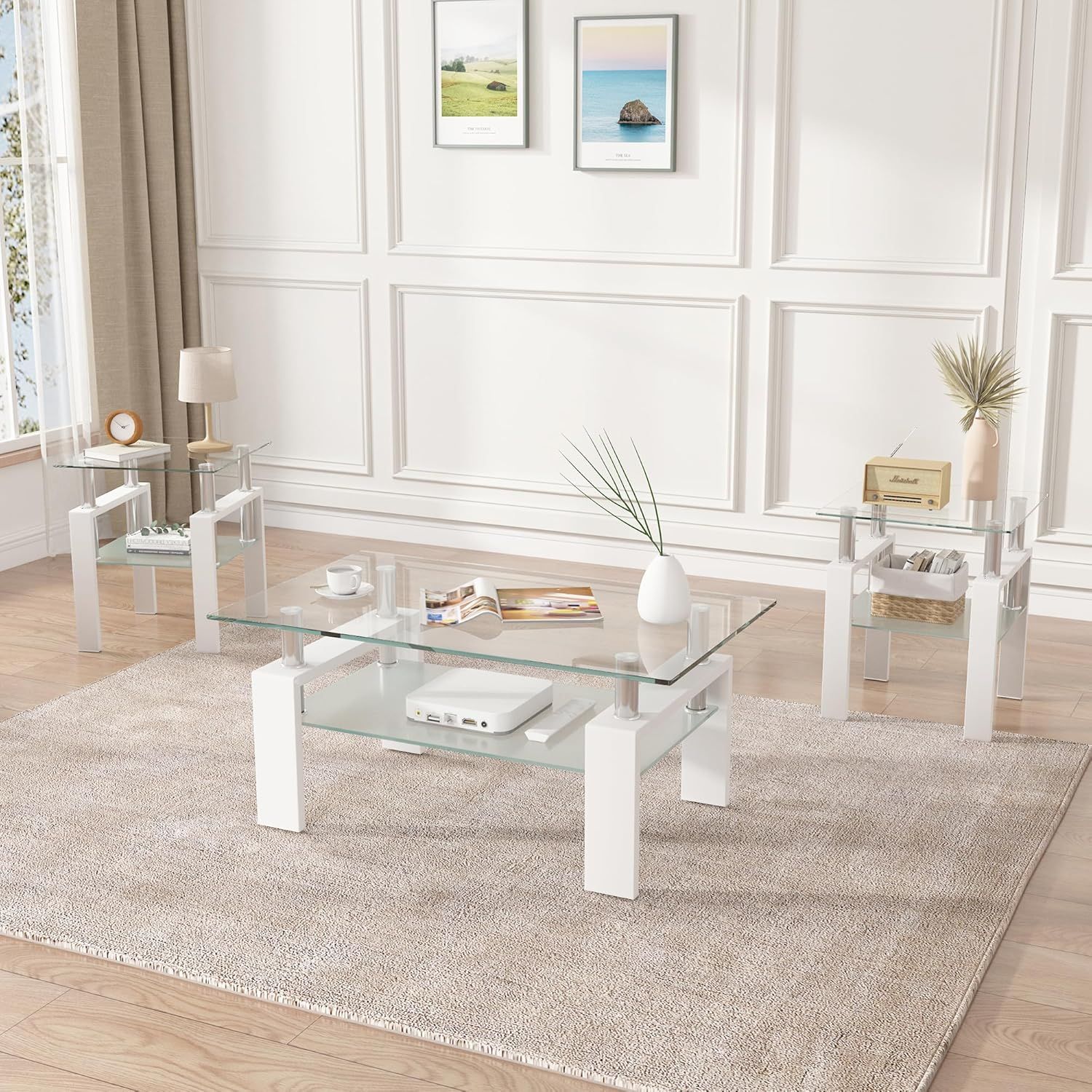 Amazon.com: 3 Piece Living Room Table Set, Glass Coffee Table And End ... inside Understanding the Design Philosophy Behind Modern Coffee Table Collections