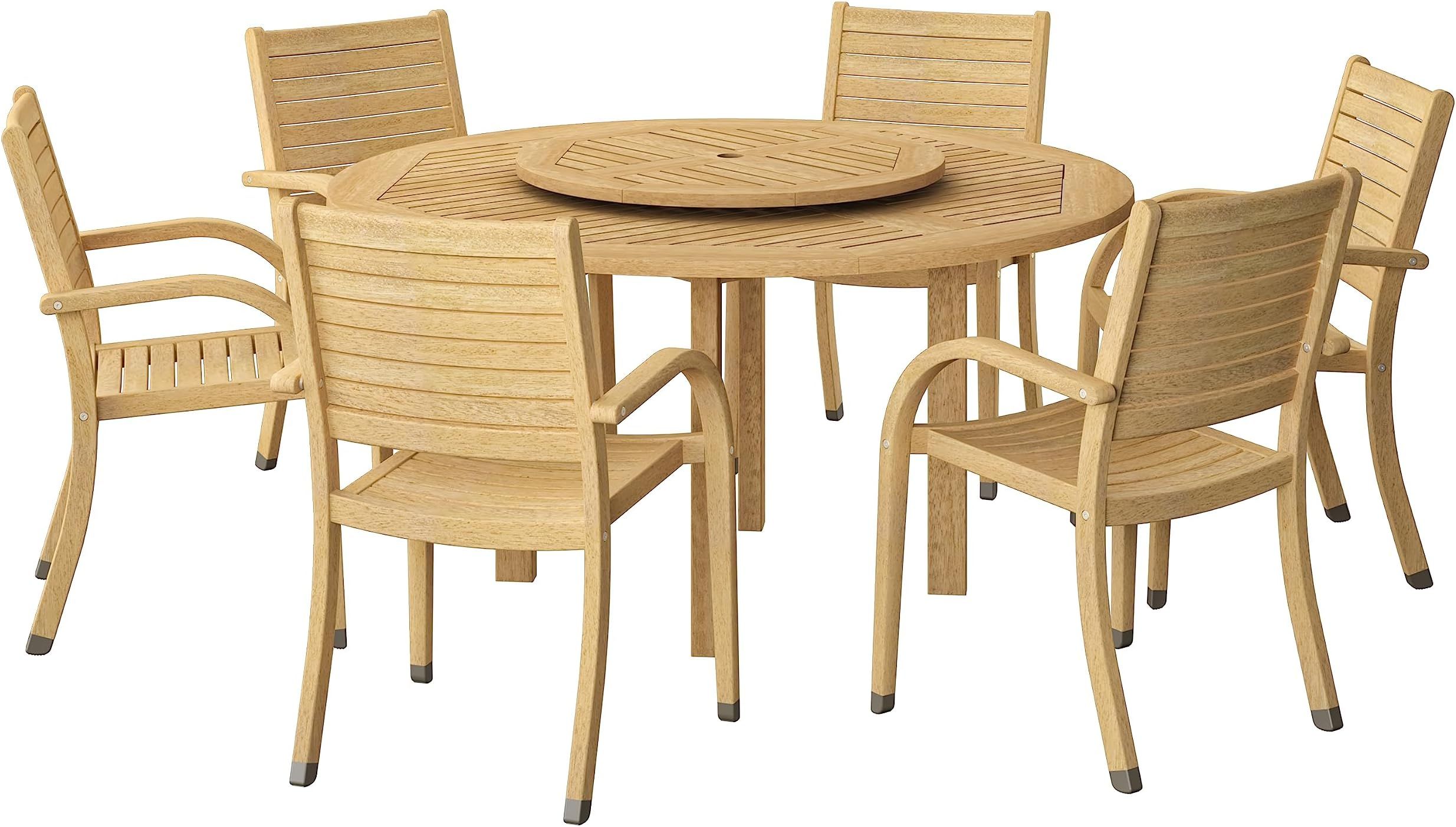 Amazon.com: 7 Piece Teak Wood Lauderdale Outdoor Patio Dining Set With ... in 7-Piece Teak Wood Miami Patio Dining Set With Round To Oval Extension Table