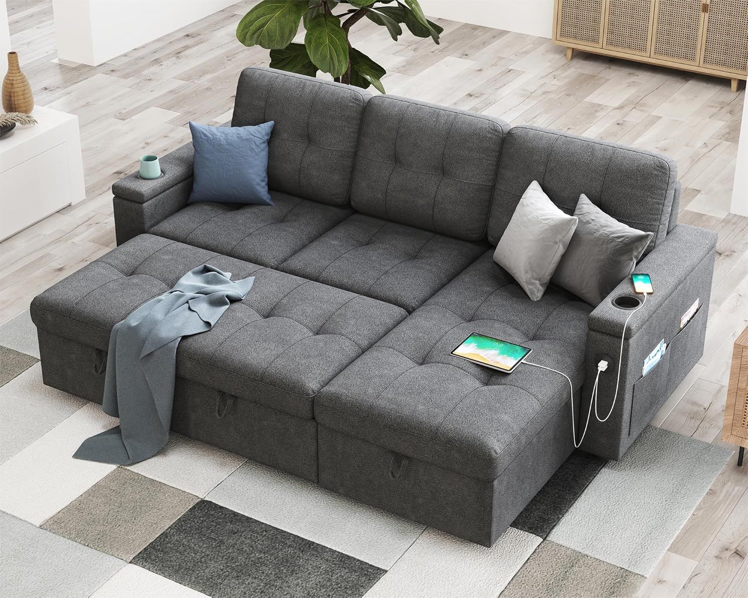 Amazon.com: Amerlife 84 Inch Sofa Bed, Sleeper Sofa With 2 Usb Sockets ... with regard to Mabel Fabric Sleeper Sectional With Cupholder, Usb And Pocket, Dark Gray, Woven