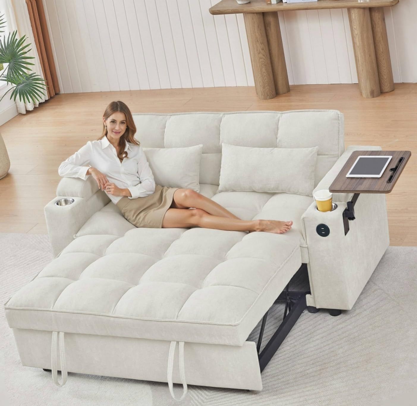 Amazon.com: Auvsoce 65'' Convertible Queen Size Sleeper Sofa Bed.modern ... in Unlocking Versatility The Beige Chenille Sofa Bed with Smart Storage
