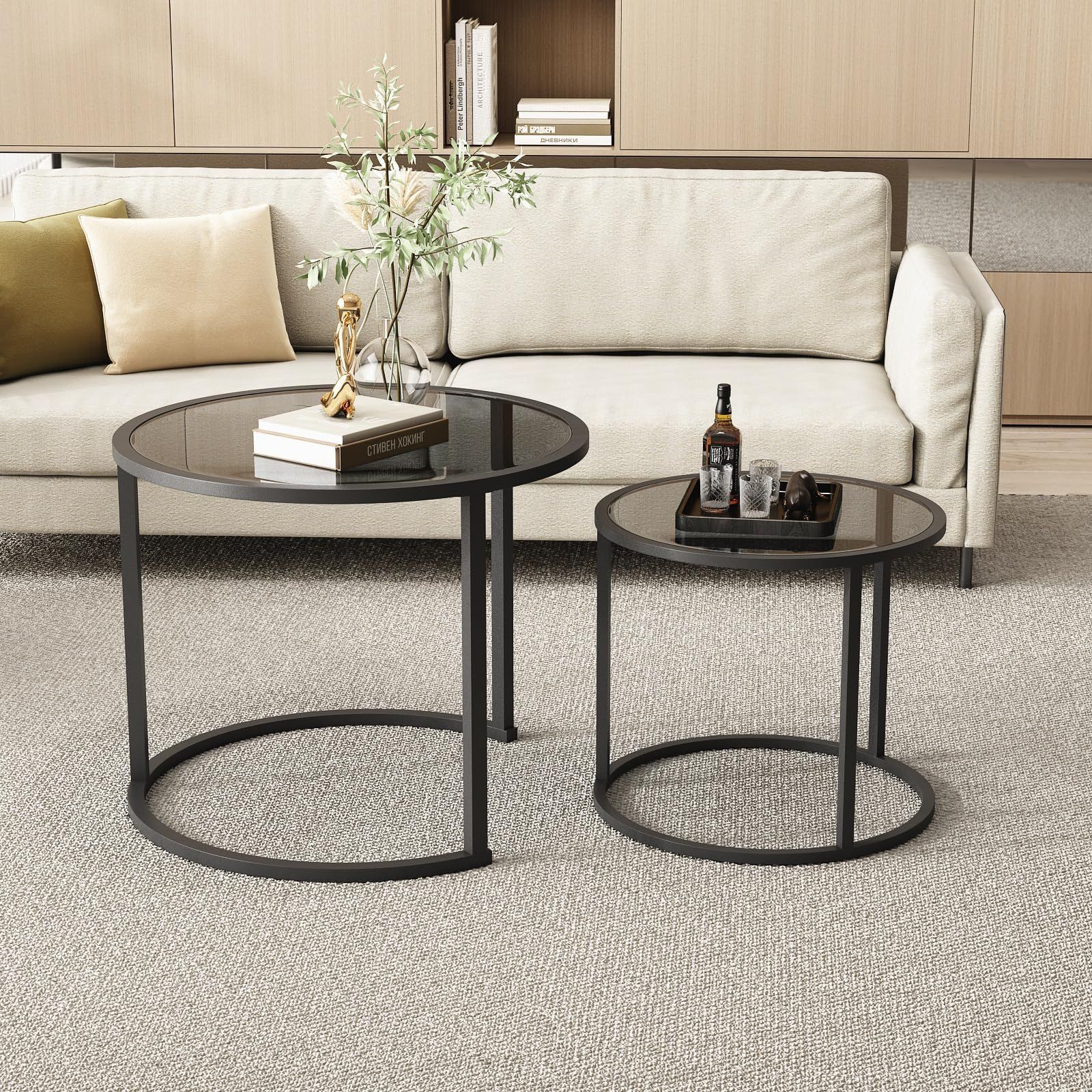 Amazon.com: Black Nesting Coffee Table Set Of 2, Modern Tempered Glass ... within Metal And Fluted Glass Nesting Coffee Tables, Black