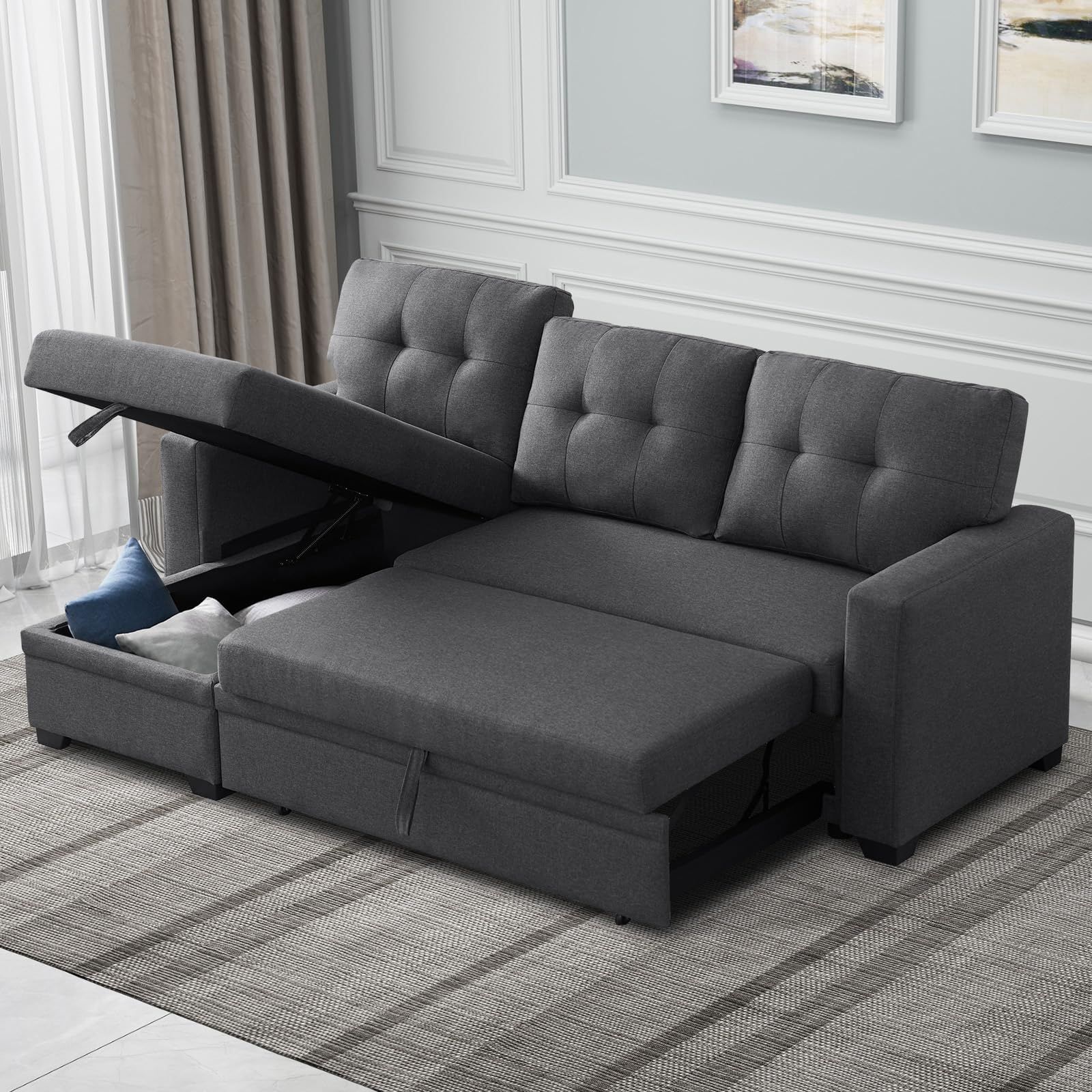 Amazon.com: Bowery Hill Steel Gray Linen Reversible/Sectional Sleeper ... intended for Bowery Hill Dark Gray Linen Fabric Convertible Sleeper Loveseat With Side Pocket