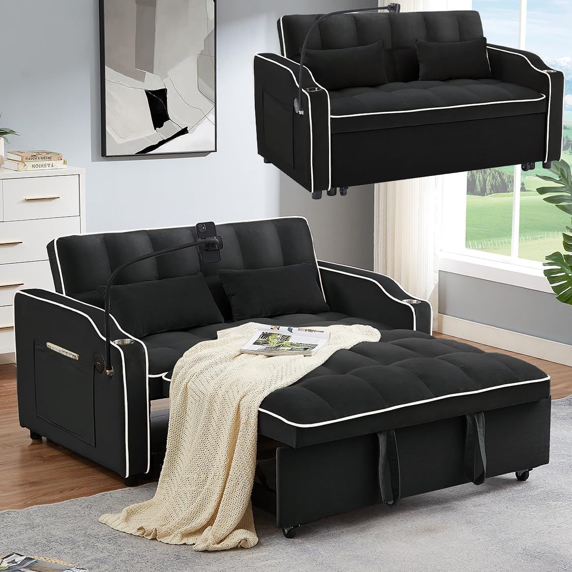 Amazon.com: Convertible Sleeper Sofa Bed With Usb Ports,Pull Out Sofa ... pertaining to Convertible Sleeper Sofa With Usb Ports And Square Tufted Velvet Seat, Black