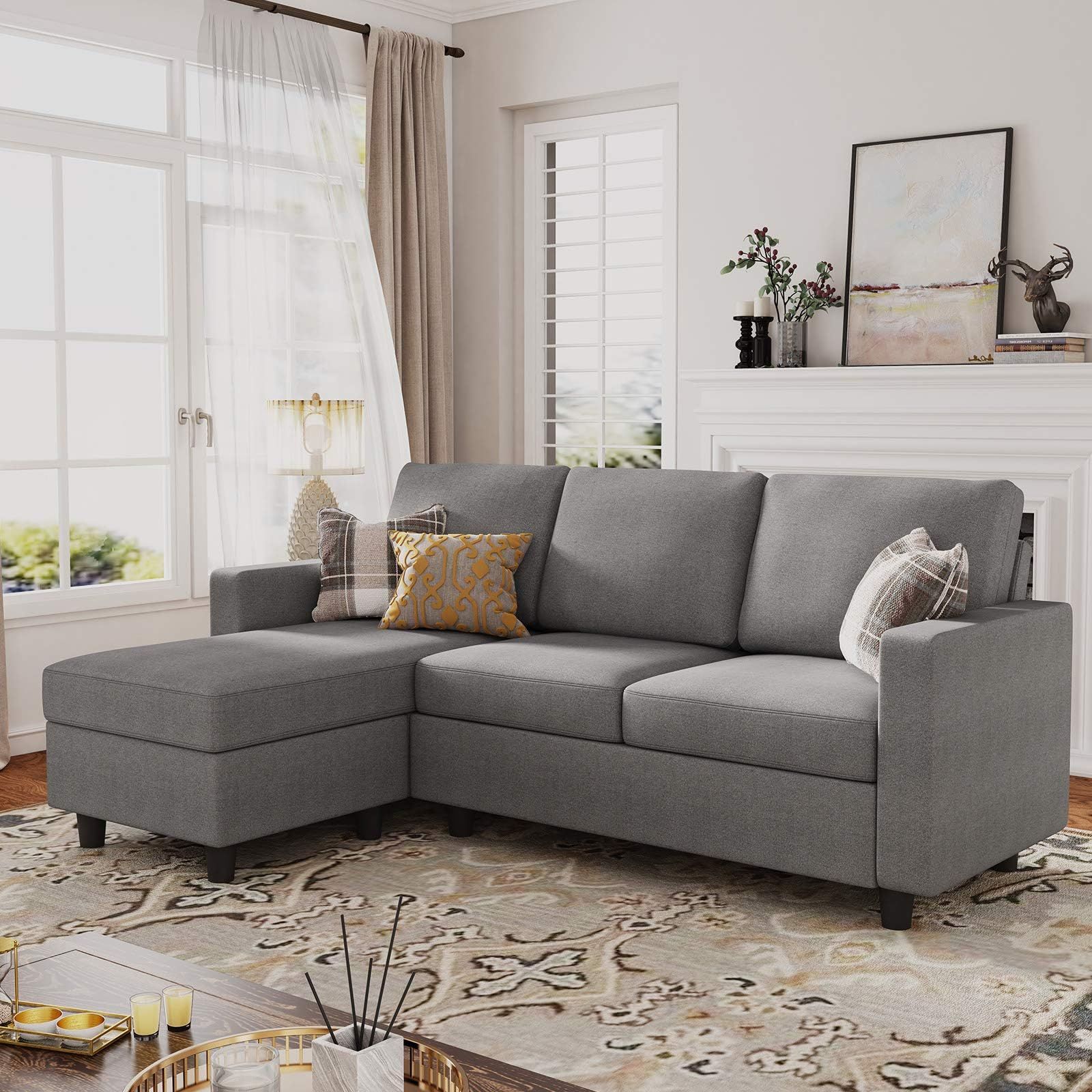 Amazon.com: Devion Furniture L-Shaped Polyester Fabric Reversible, Easy ... within Devion Furniture Polyester Fabric Reversible Sleeper Sectional Sofa - Light Gray