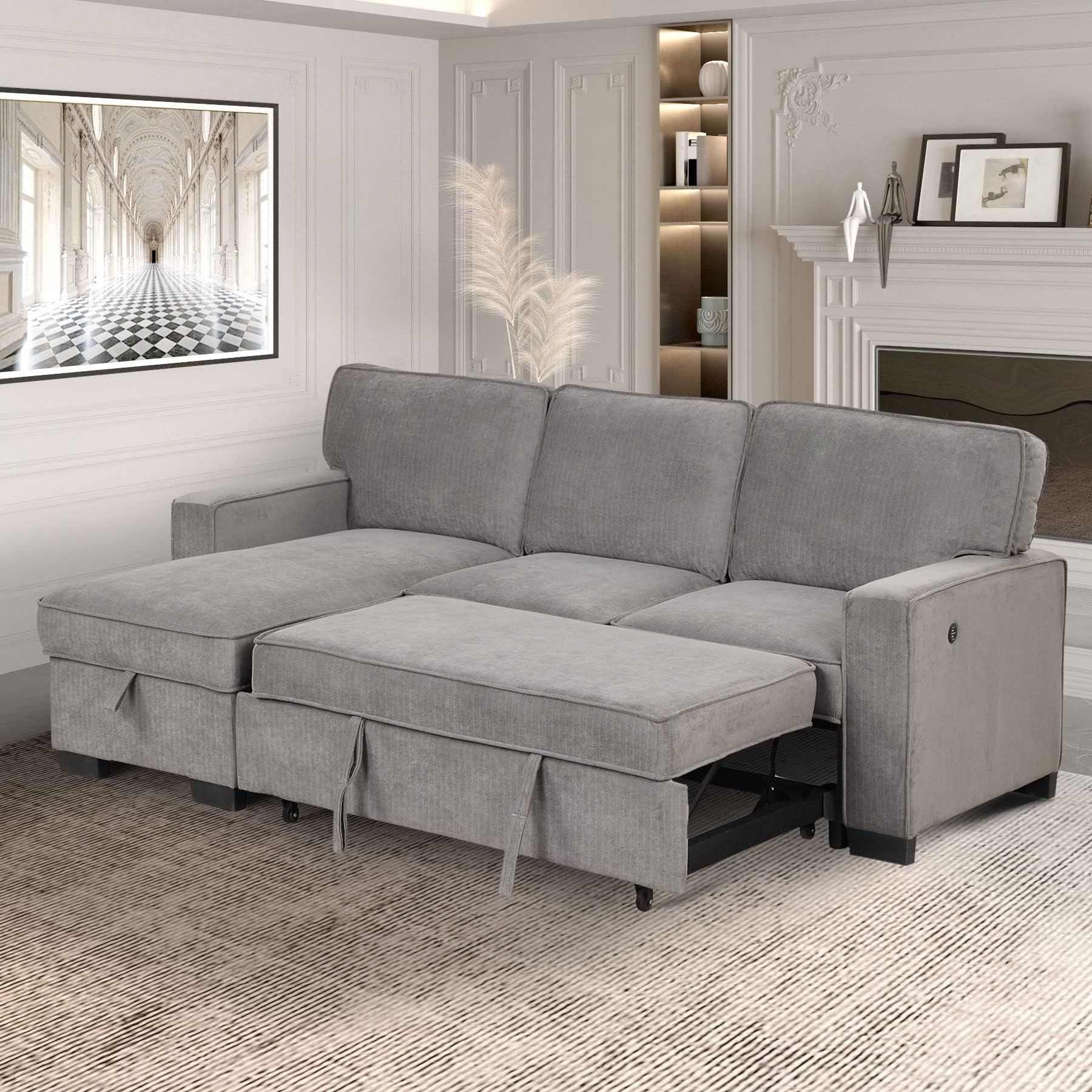 Amazon.com: Ebello Convertible Sleeper Sofa 3 In 1, Chenille Modern L ... for Convertible Chenille Sofa Bed With Accent Stitching And Hidden Storage, Beige