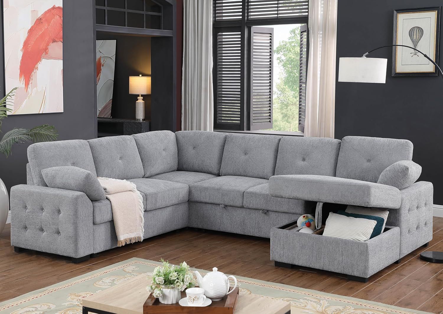 Amazon.com: Fanye U-Shaped Pull Out Sleep Sofabed, Modern Sleeper ... inside Gewnee Modern Chenille Upholstered Sectional Sofa Couch Set