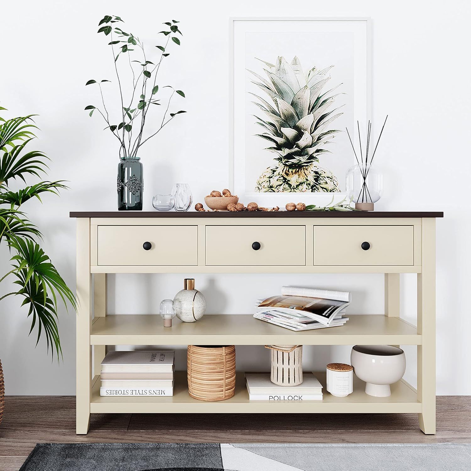 Amazon.com: Fransoul Classic Retro Style Console Table With Two Open ... inside Pine Brown Console Table With Baluster Columns & Lower Open Shelf