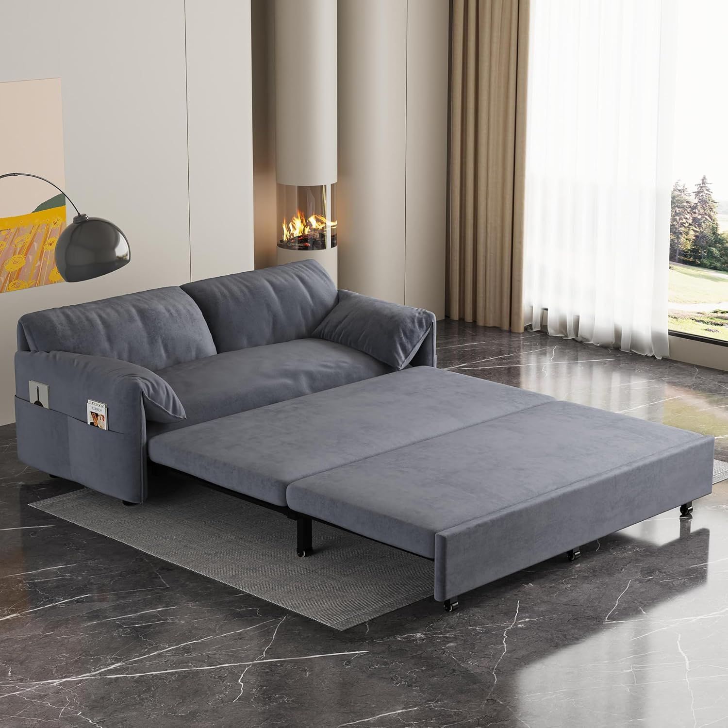 Amazon.com: Gnixuu 63.8" Queen Pull Out Sofa Bed, Velvet Convertible ... for Convertible Sofa Bed With Plush Teddy Upholstery And Pull-Out Design, Brown/White