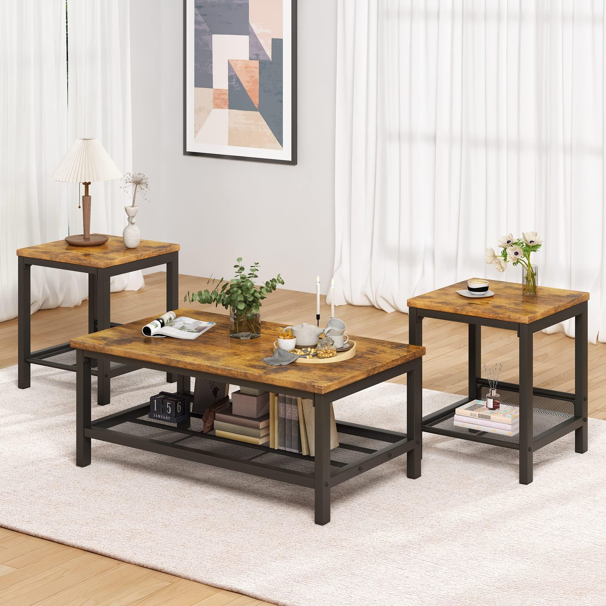 Amazon.com: Harper & Bright Designs 3 Piece Coffee Table Set For Living ... in Trinidad 3-Piece Coffee Table Set With 40" Storage Coffee Table And 2 End Tables
