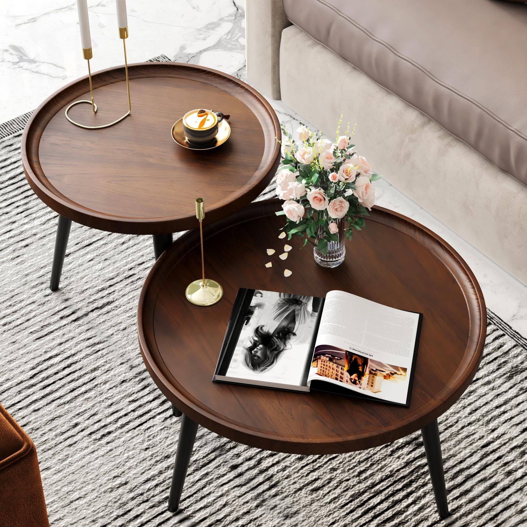Amazon.com: Iksii 2-Piece Set Modern Round Coffee Tables For Living ... for Set Of 2 Bronze Gold Nesting Coffee Tables, Round Large Modern Minimalist
