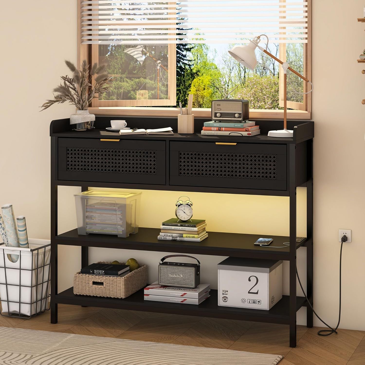 Amazon.com: Jejegorich Console Table With Rattan Drawers Entryway Table ... throughout Entryway Console Table With Usb Ports, Lights & Rattan Drawer Fronts