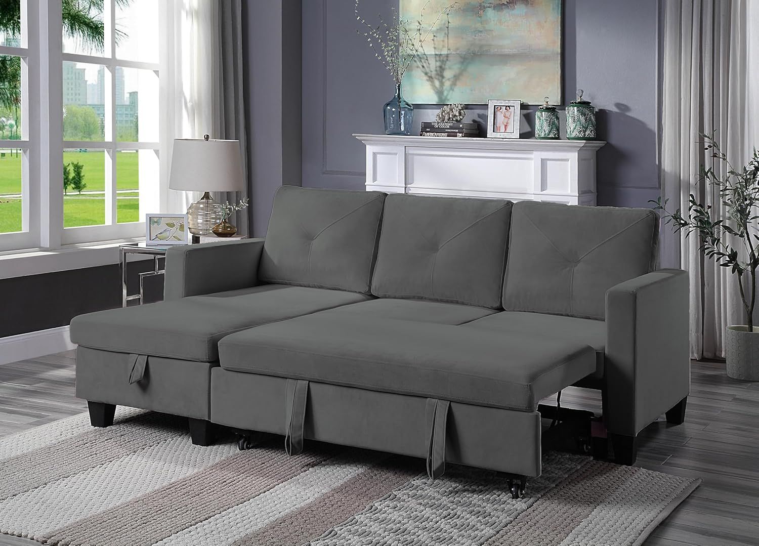 Amazon.com: Lilola Home Nova 83" W Dark Gray Velvet Reversible Sleeper ... regarding Understanding the versatility of reversible sleeper sectional designs