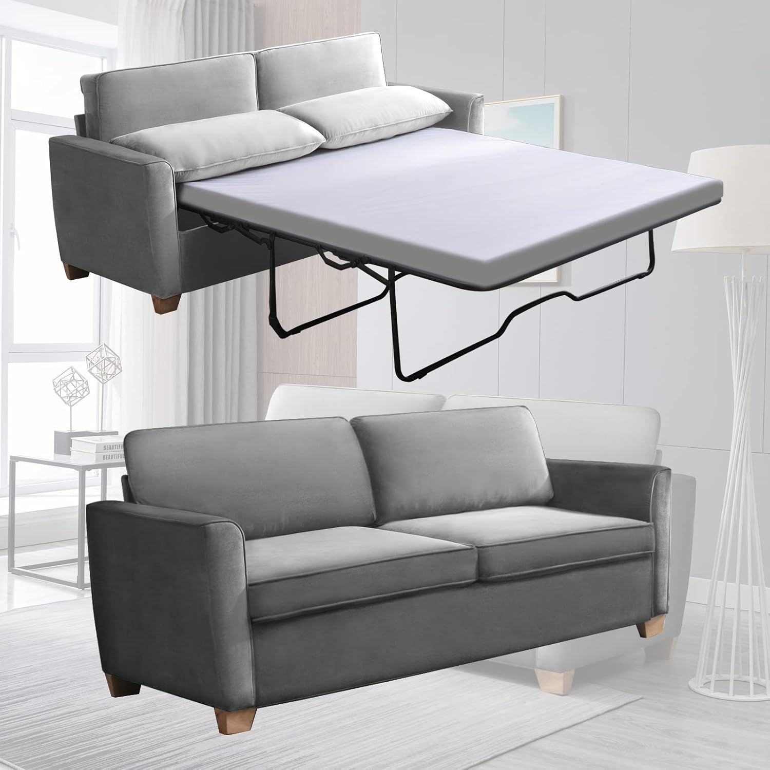 Amazon.com: Mjkone 77" W Pull Out Sofa Bed, 2-In-1 Queen Size Loveseat ... in Gewnee 65 "3-In-1 Foldable Large Size Sofa Bed, Dark Gray