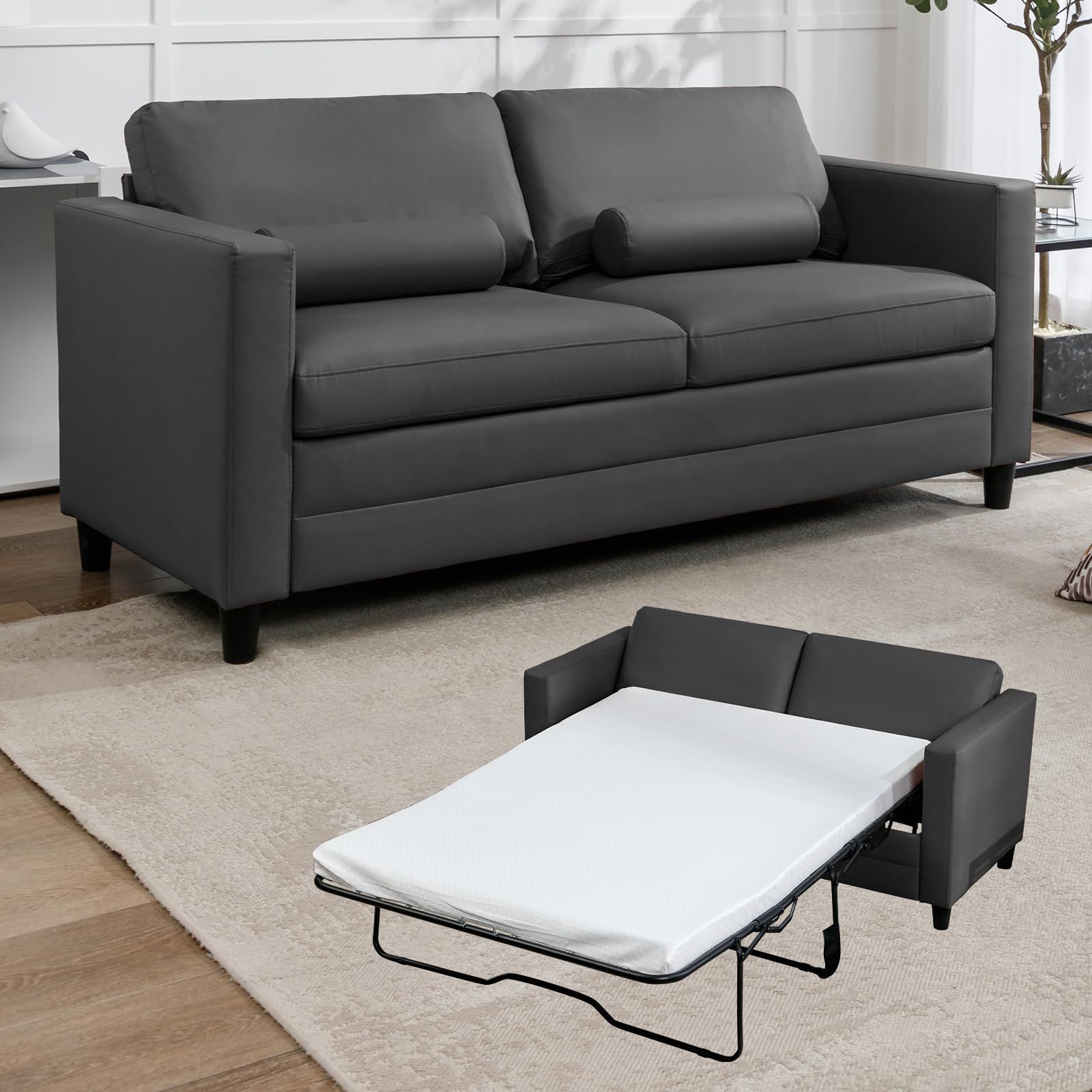 Amazon.com: Mjkone Faux Leather Pull Out Sofa Bed, Full Size ... inside Transforming Small Spaces The Versatile Pull-Out Sofa Bed