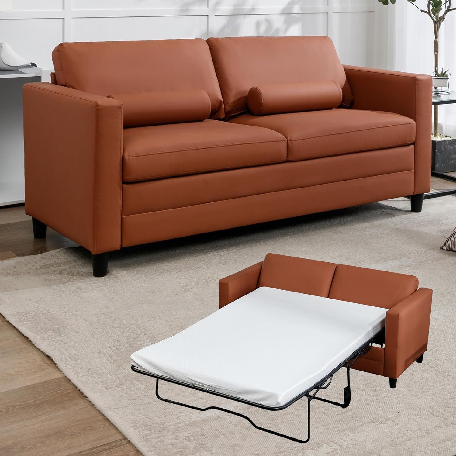 Amazon.com: Mjkone Faux Leather Pull Out Sofa Bed, Queen Size ... throughout Expert Insights on Selecting Quality Brown Sofa Beds with Hidden Mattresses
