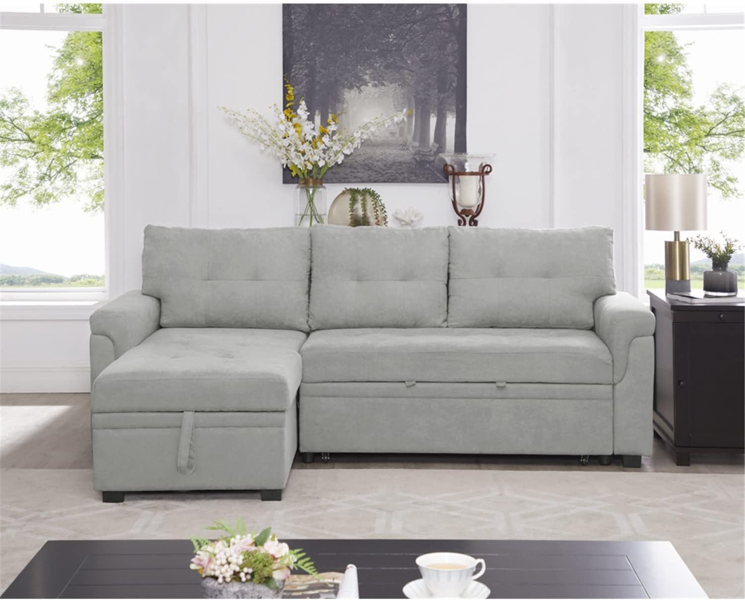 Amazon.com: Naomi Home Reversible Sleeper Sectional Sofa Storage Chaise ... intended for Ivy Light Gray Velvet Reversible Sleeper Sectional Sofa With Storage Chaise