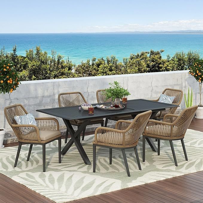 Amazon.com: Outdoor Wicker 7 Piece Dining Set With Cushion Beige Black ... inside Westara Outdoor Wicker 7 Piece Dining Set With Cushion
