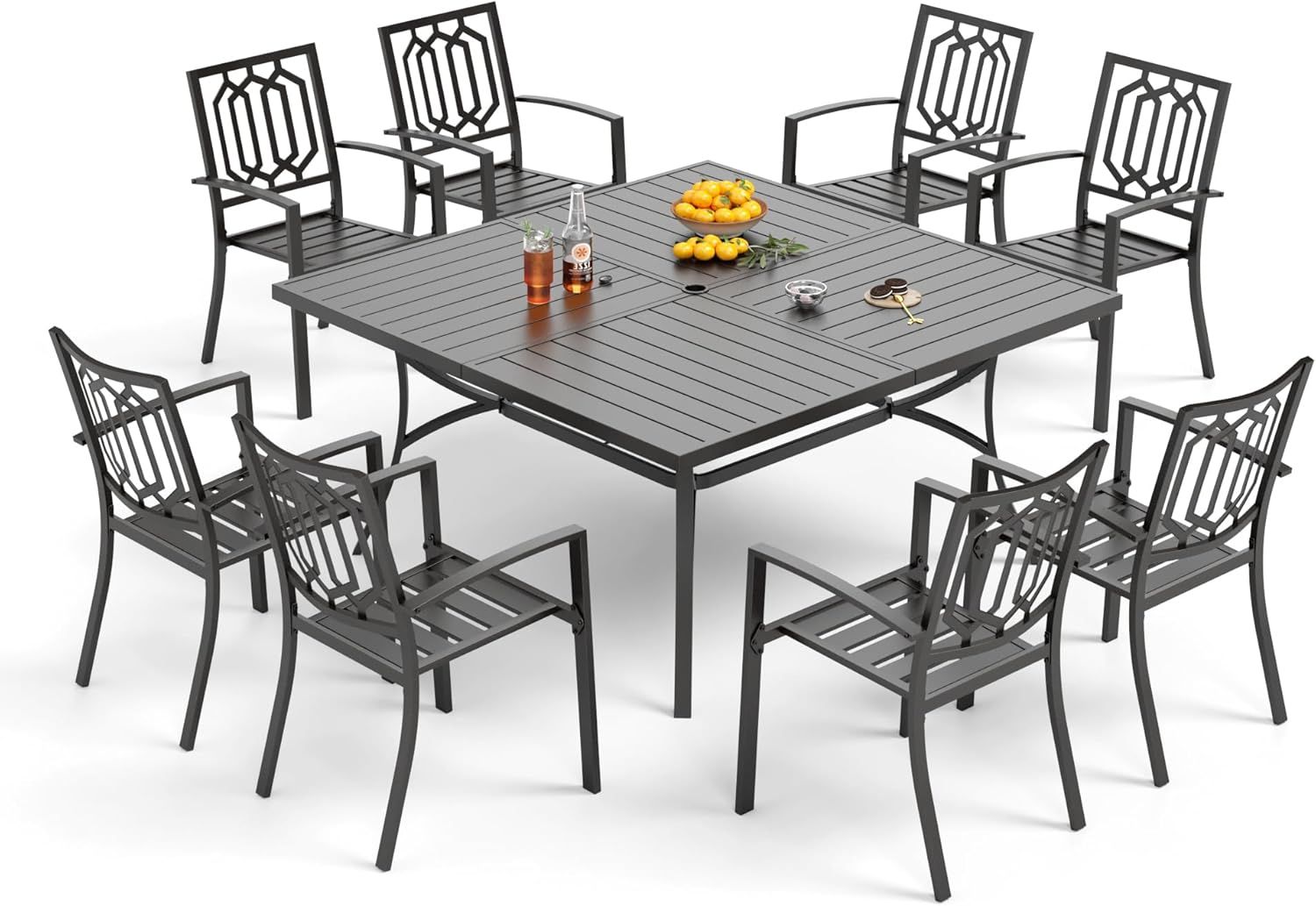 Amazon.com: Phi Villa 9-Piece Outdoor Dining Set, Square Metal Table ... throughout Lark 5 Pc Patio Table Set, 2 Stackable Chairs, 35&amp;quot; Square Table,Umbrella W/Base,