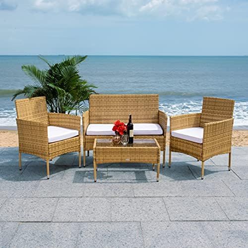 Amazon.com: Safavieh Outdoor Collection Kerman Natural 5-Piece Foldable Patio Dining Set (Fully ... with Safavieh Outdoor Europa Dining Set Natural