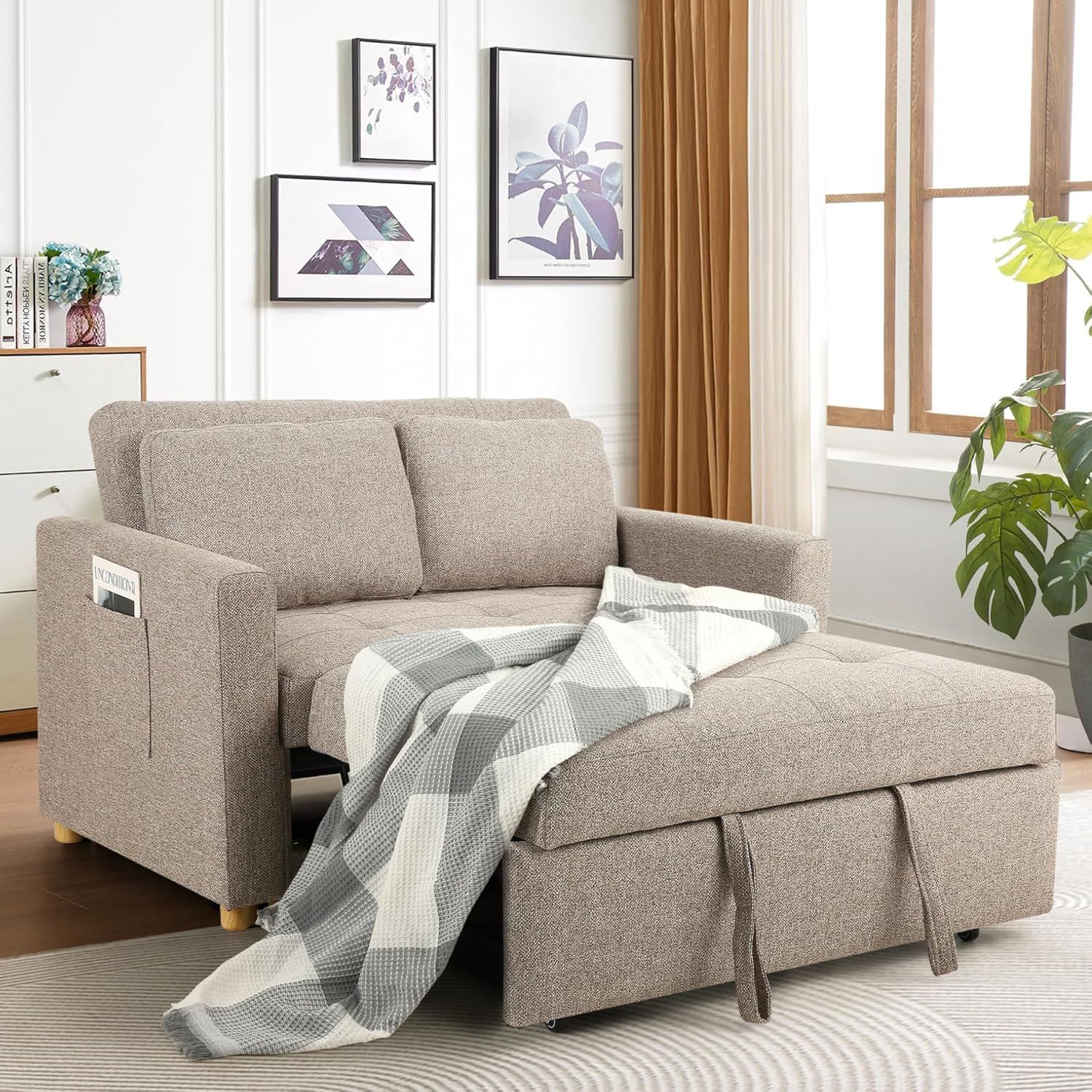 Amazon.com: Sejov 3-In-1 Convertible Sofa Bed, Linen Fabric Sleeper Couch Pull Out Bed, 49&Quot; 2 ... in Unpacking the Comfort of Plush Teddy Convertible Sofas
