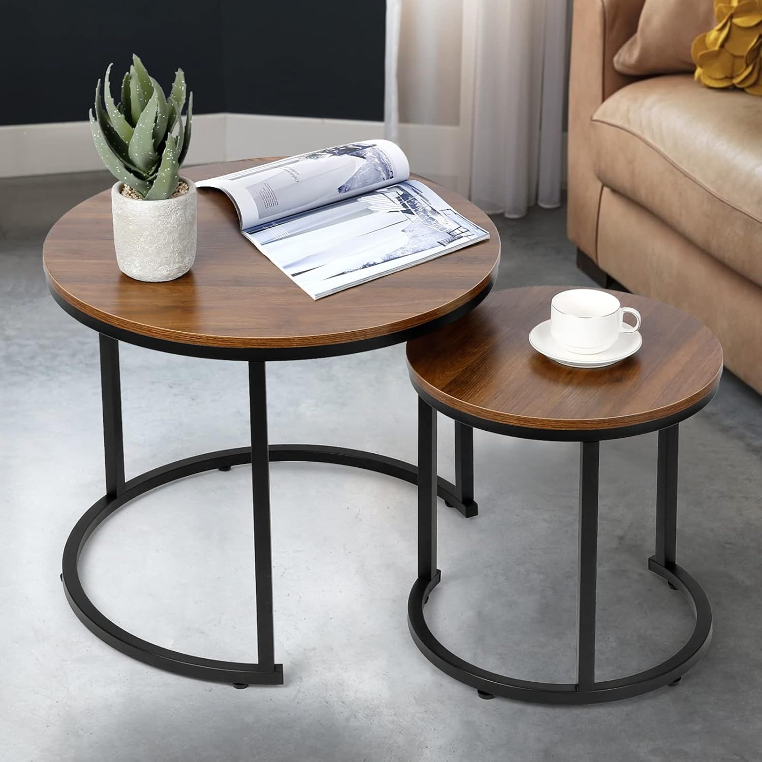 Amazon.com: Smool Modern Nesting Coffee Table Set Of 2 For Living Room ... within 2-Piece Nesting Coffee Table Set With Round Wood Tops And Iron Bases, Reclaimed Oak/Gunmetal