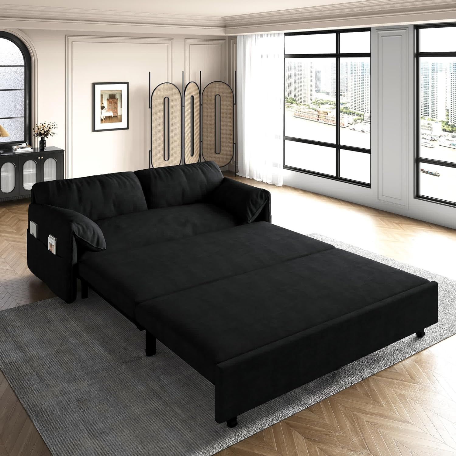 Amazon.com: Upyooe 63.8" Futon Sofa Bed Queen Size, Pull Out Bed, 3-In ... pertaining to Convertible Sofa Bed With Plush Teddy Upholstery And Pull-Out Design, Brown/White