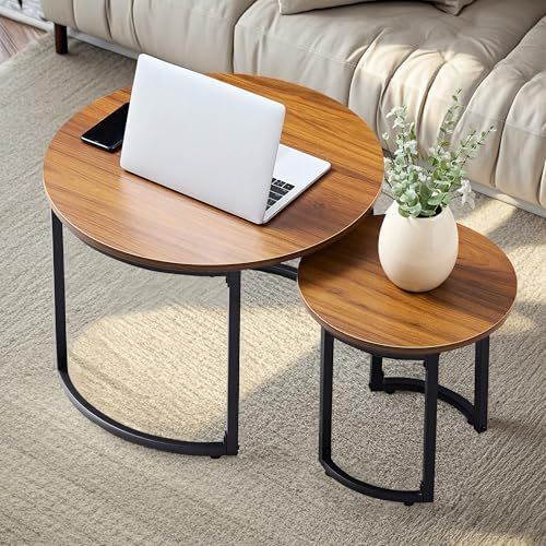 Amazon.com: Vecelo Nesting Coffee Table Set Of 2, Wood Round Side ... with Modern Nesting Coffee Table With Adjustable Non-Slip Feet, Wooden Pattern Round