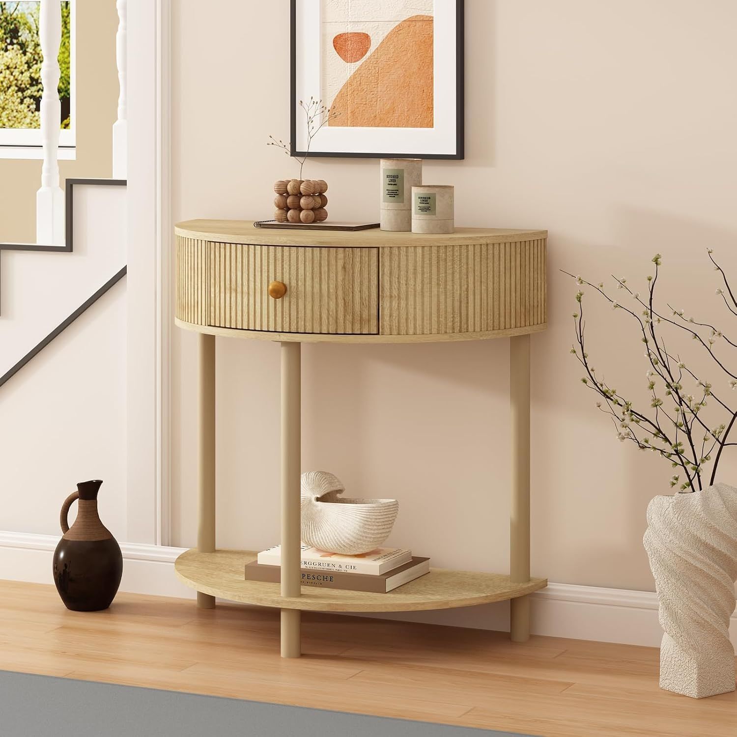Amazon.com: Wnutrees Fluted Half Moon Console Table,Bohemia Small ... intended for Safavieh Couture Rikki Fluted 1 Drawer Console, Walnut