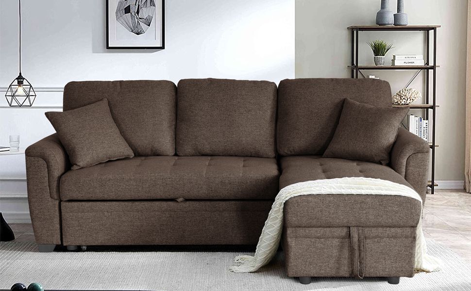 Amazon.com: Yoglad Convertible L-Shaped Sectional Sofa, Pull Out Bed ... intended for Convertible L-Shaped Sectional Sofa With Storage & Comfortable Tufting, Brown Leatherette