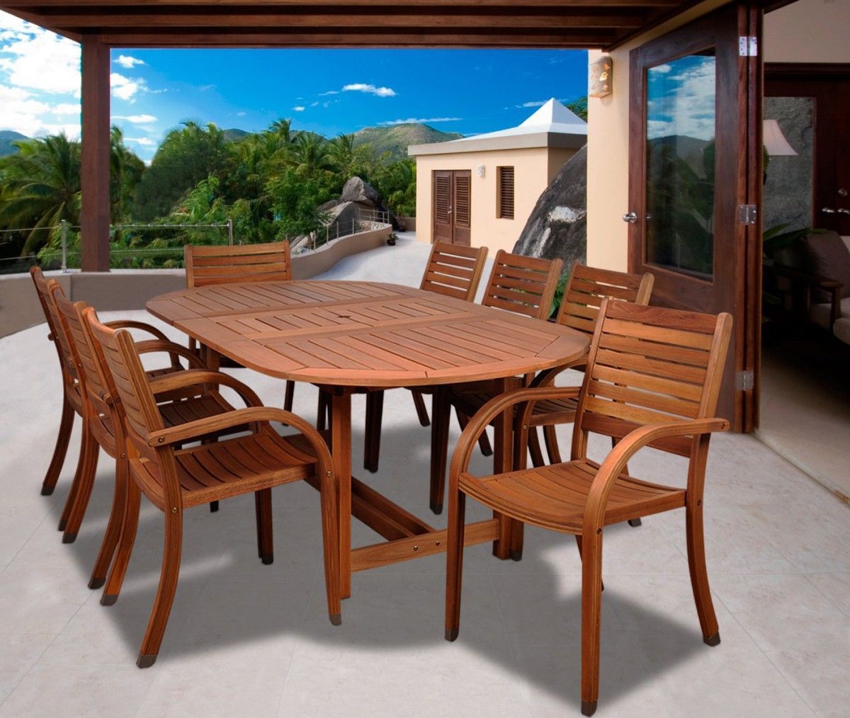 Amazonia Arizona 9 Piece Wood Outdoor Dining Set With 93" Oval Table ... with Carlo Extend Imitated Wood Outdoor Dining Set For 8, Patio Party Furniture