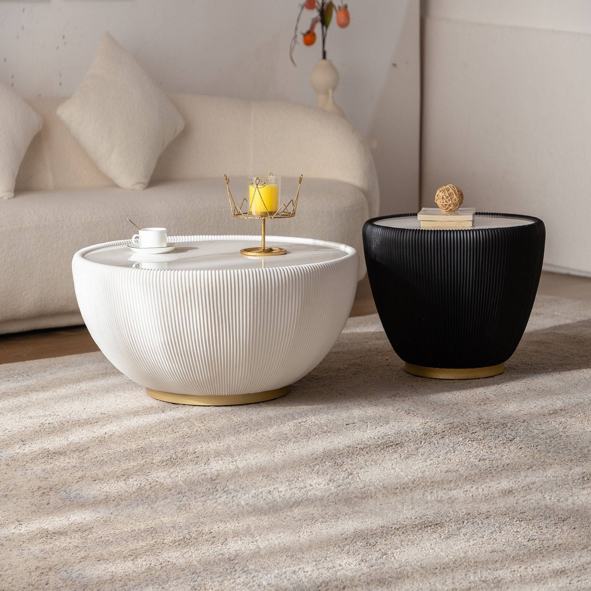 Ameritop Modern Round Coffee Table Set – White And Black Drum Design ... within Modern Drum Sintered Stone Round Pu-Leather Coffee Table Set, Beige/Gray