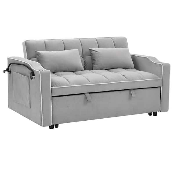 Anpport 55 In. W 3-In-1 Convertible Velvet Sleeper Sofa Bed With 2 Pillows And Usb Charging ... in Convertible Sofa Bed With Padded Upholstery, Pillows & Charging Ports, Gray