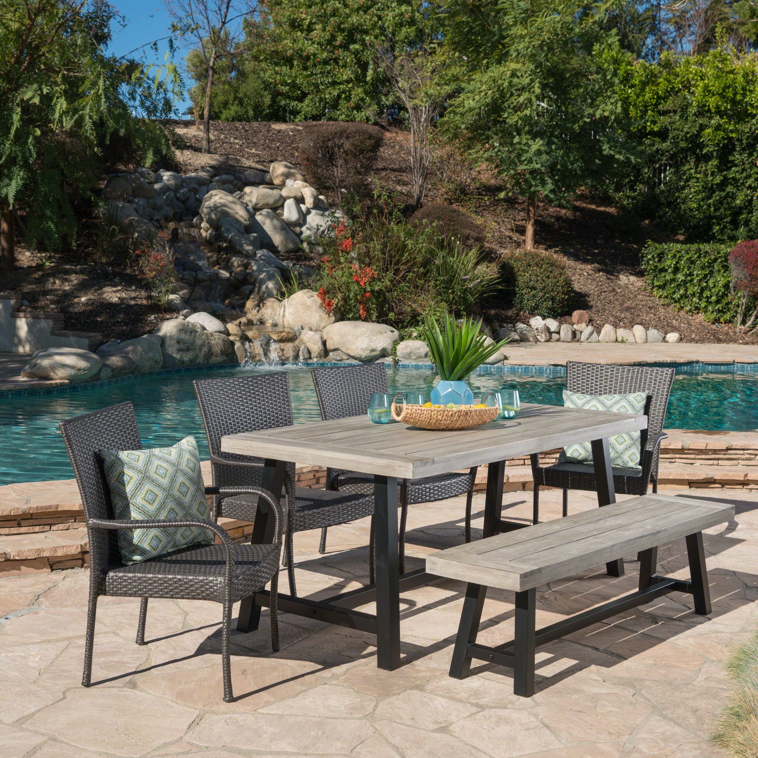 Anson Outdoor 6 Piece Stacking Wicker Dining Set With Acacia Wood Table ... with regard to Lyons Outdoor Acacia Wood 8 Seater Dining Set With Dining Bench, Sandblast Light Gray/Black/Gray