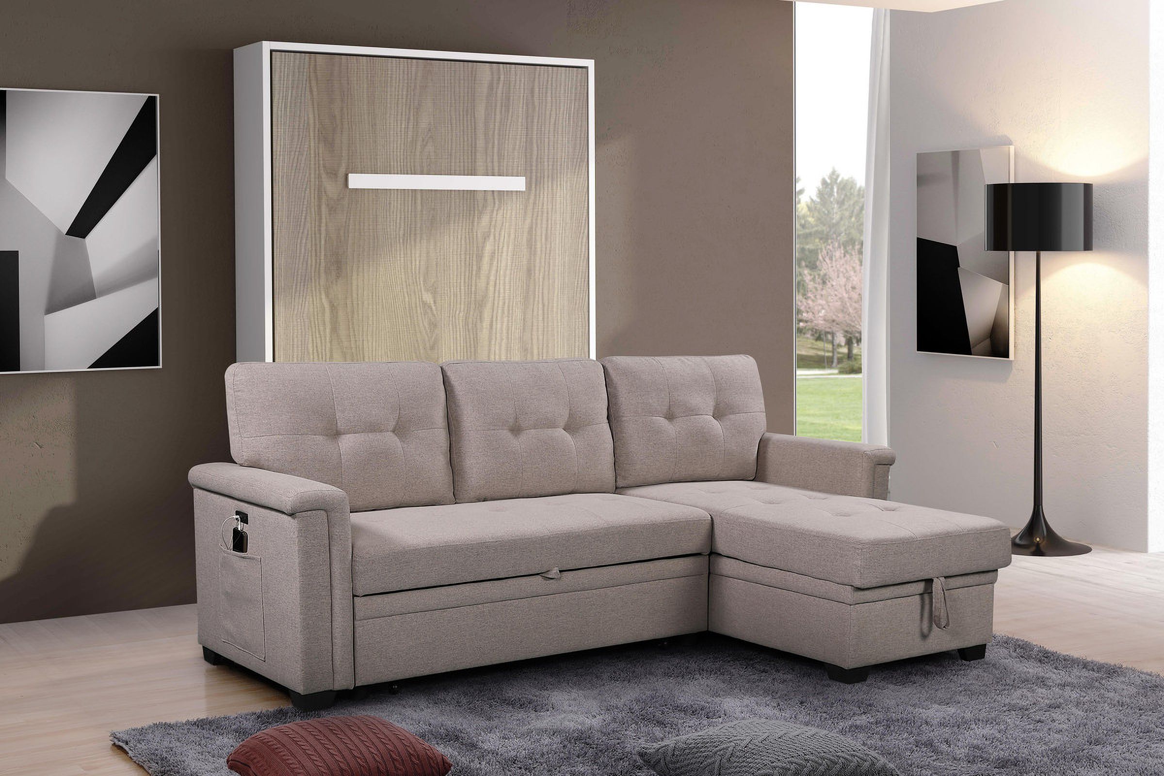 Ashlyn Light Gray Reversible Sleeper Sectional Sofa With Storage Chaise ... for Ashlyn Light Gray Reversible Sleeper Sectional Sofa With Storage Chaise, Usb...