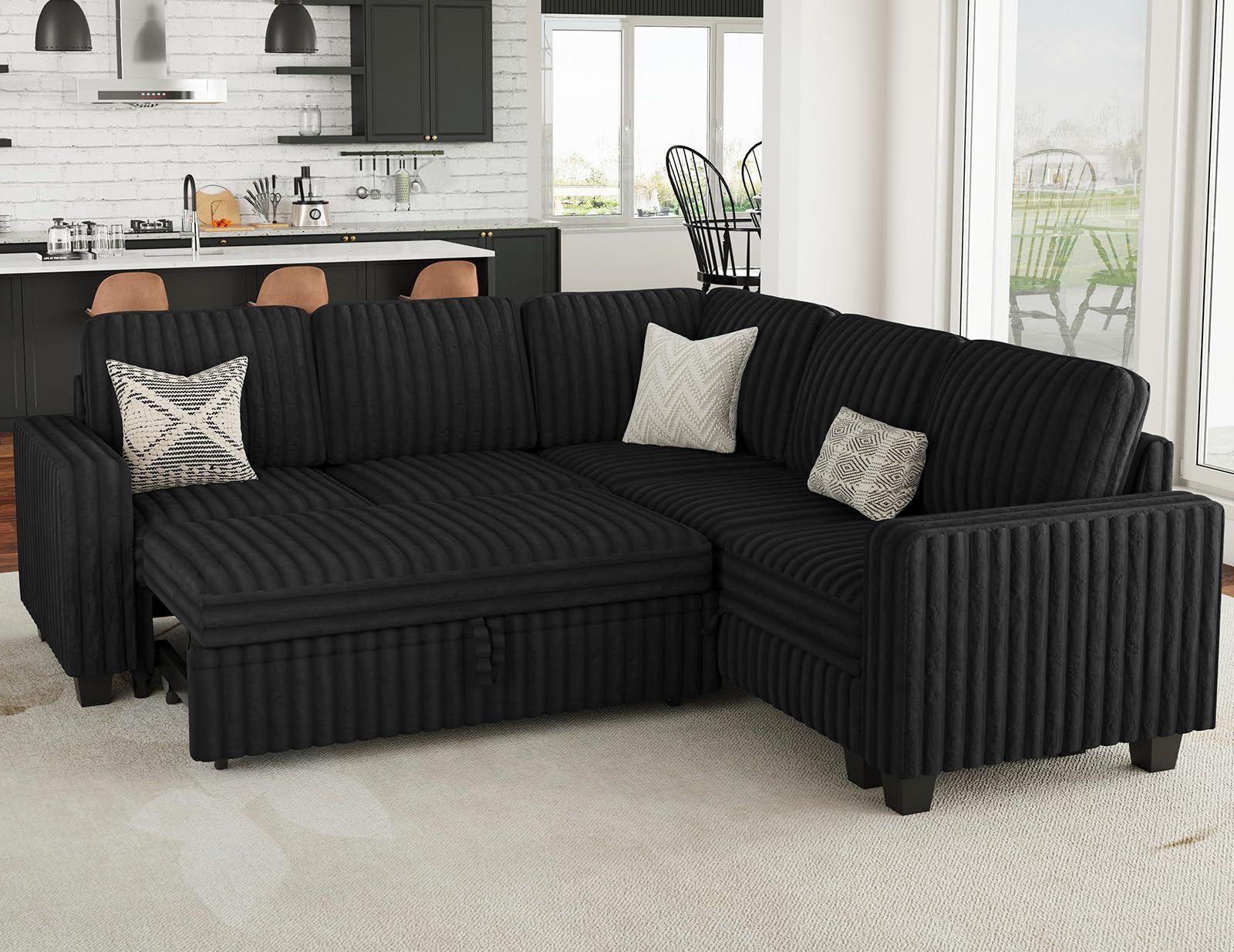 Auction Detail with Convertible Sofa Bed With Plush Teddy Upholstery And Pull-Out Design, Black/White