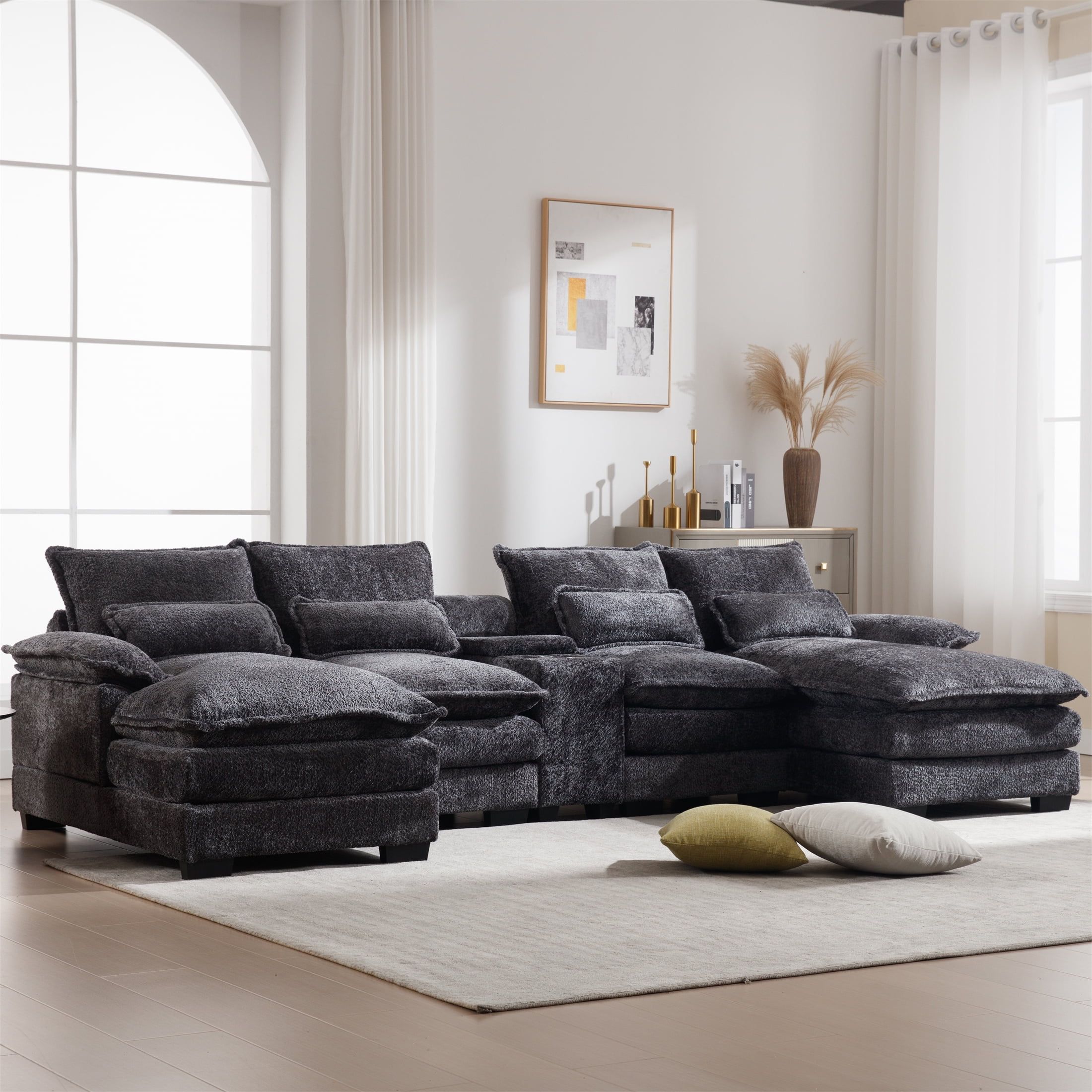 Aukfa 123" Oversized Sectional Sofa U-Shaped Couch W/ Cupholder Console ... in Kipling Ii 94"W Chenille Sleeper Sectional Storage Cupholder Usb, Dark Gray