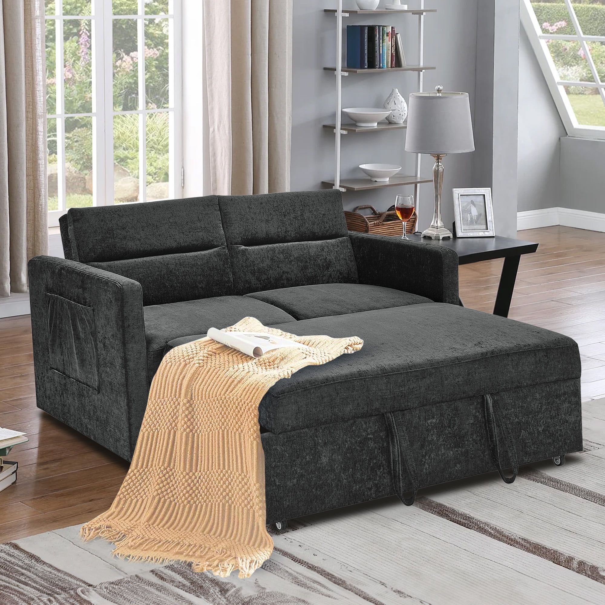 Aukfa 54.5" Pull Out Sofa Bed, Convertible Sleeper Loveseat With 2 ... regarding Convertible Sleeper Loveseat With Stitched Seat And Wood Accents, Black