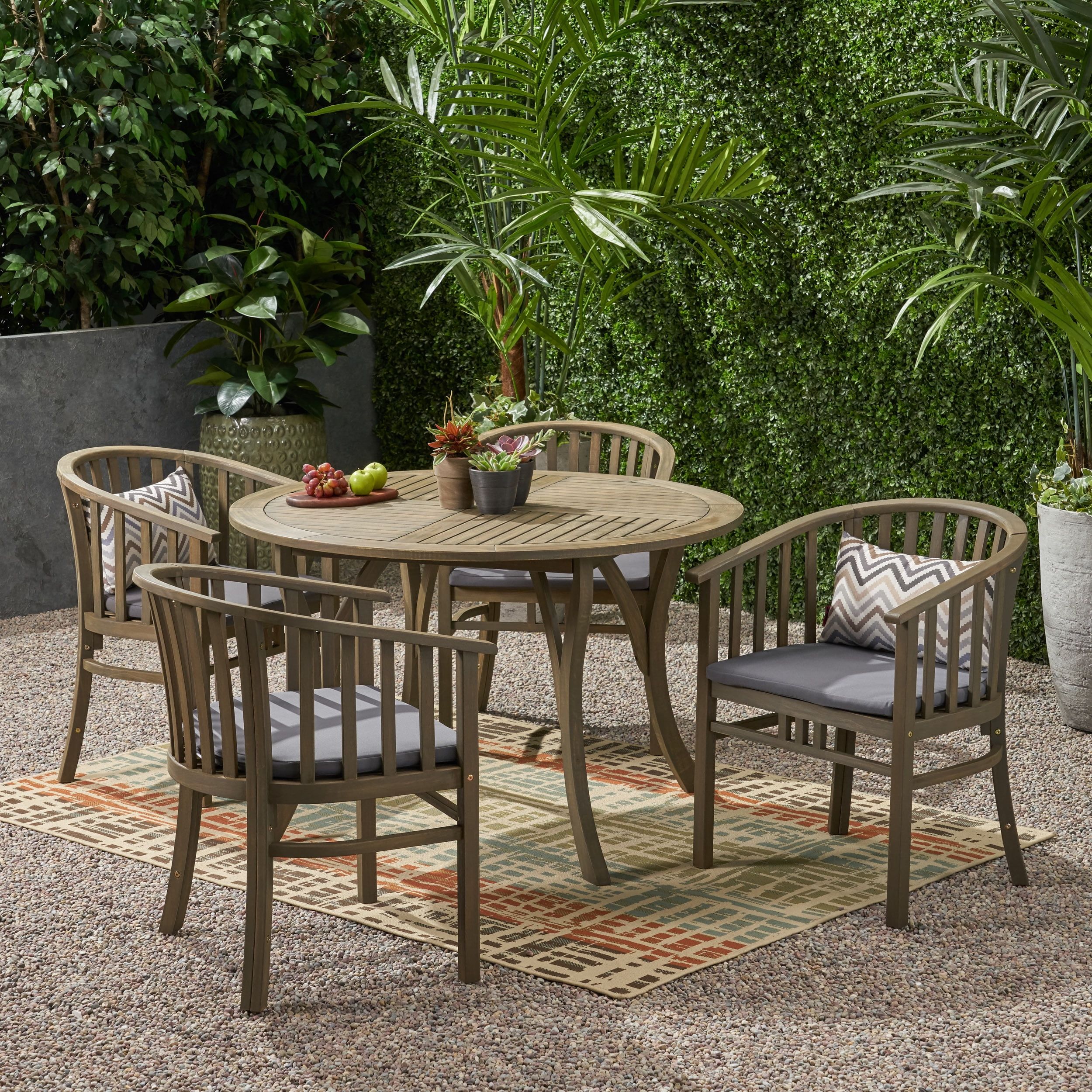 Ayan Outdoor 4 Seater Acacia Wood Circular Dining Set, Gray Finish And ... throughout Allison Outdoor 4 Seater Acacia Wood Circular Dining Set, Gray Finish/Dark Gray