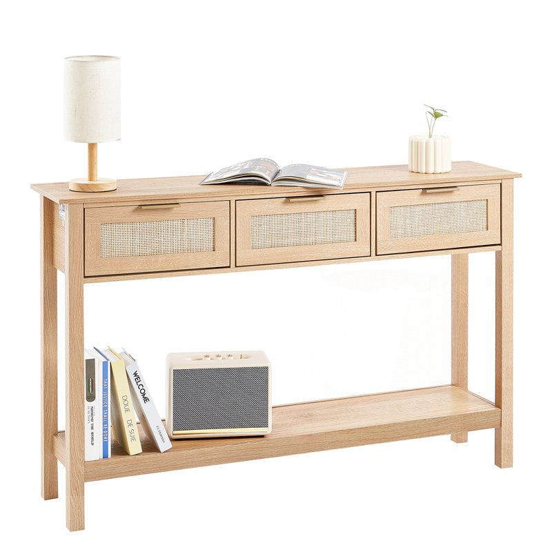 Bay Isle Home™ Rattan Console Table With 3 Storage Drawers Rattan ... inside Understanding the Artistry Behind Natalia Natural Rattan Console Tables