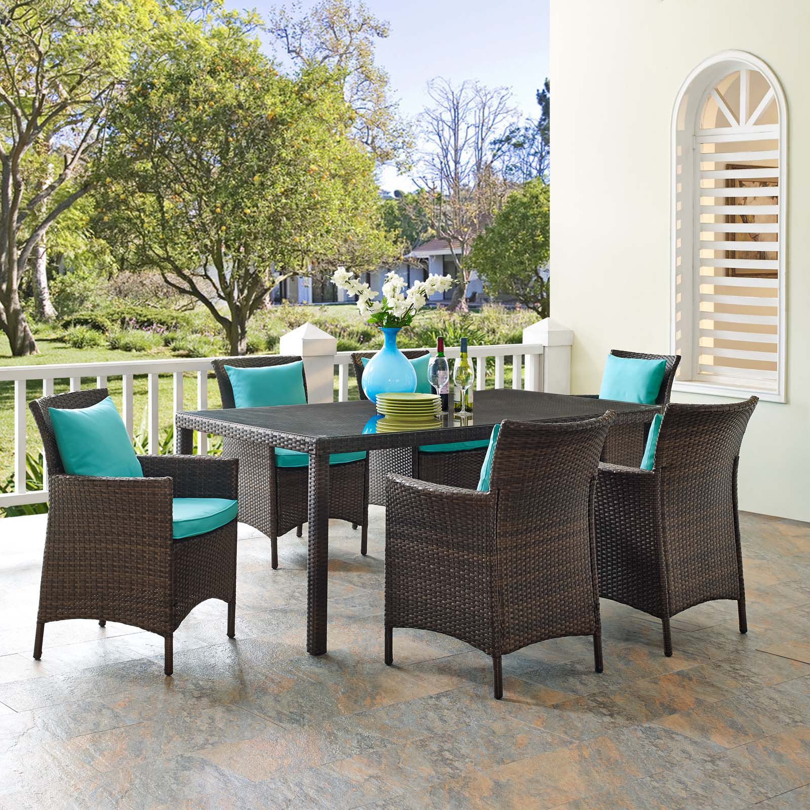 Bayou Breeze Conduit 7 Piece Outdoor Patio Wicker Rattan Dining Set ... pertaining to Convene 11-Piece Outdoor Wicker Rattan Dining Set, Espresso Red