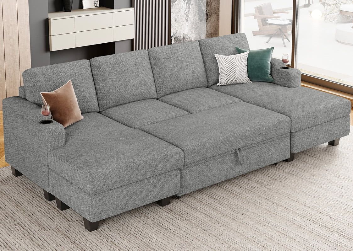 Belffin D52.8&Quot;Xw103&Quot;Xh36.4&Quot; Chenille Modular Sofa Sectional Sofa With ... with regard to Kipling Ii 94"W Chenille Sleeper Sectional Storage Cupholder Usb, Brown