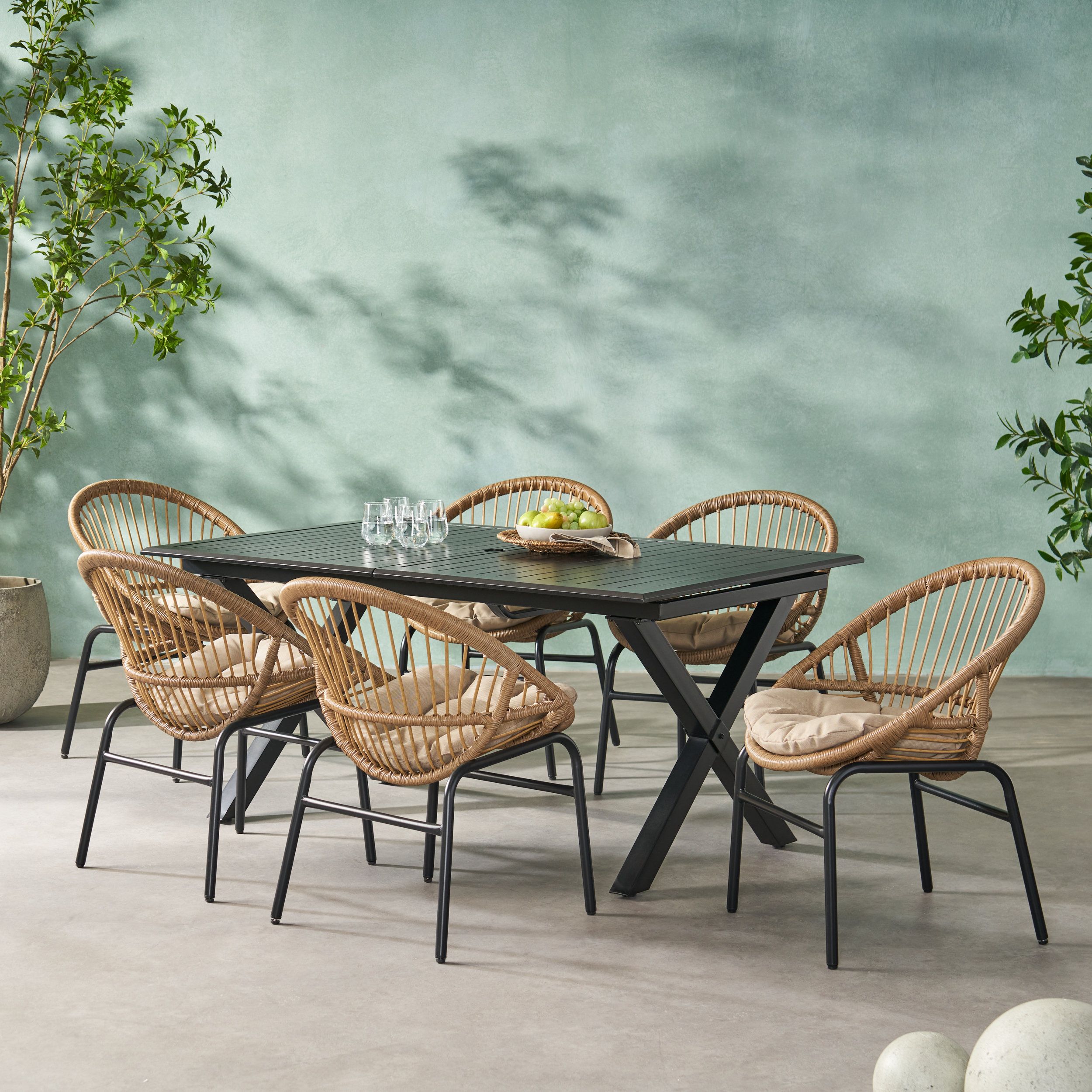 Benway Outdoor Wicker And Aluminum 7 Piece Expandable Dining Set With ... throughout Understanding the benefits of expandable outdoor dining furniture for families