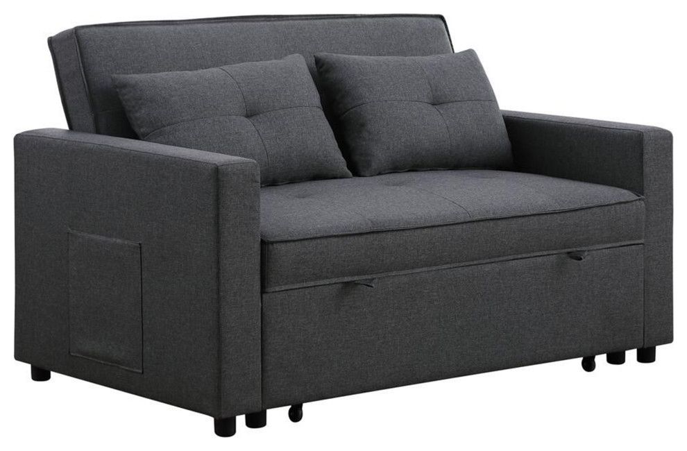 Benzara Bm293178 Convertible Sleeper Loveseat With Side Pocket, Dark ... with Bowery Hill Dark Gray Linen Fabric Convertible Sleeper Loveseat With Side Pocket