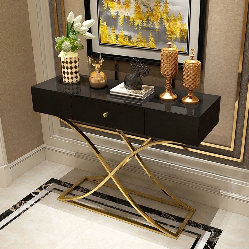 Black Console Table With Drawer Hallway Table Contemporary For Hallway ... intended for Black Console Table With Minimalist Gold Base And Ring Pull Drawers