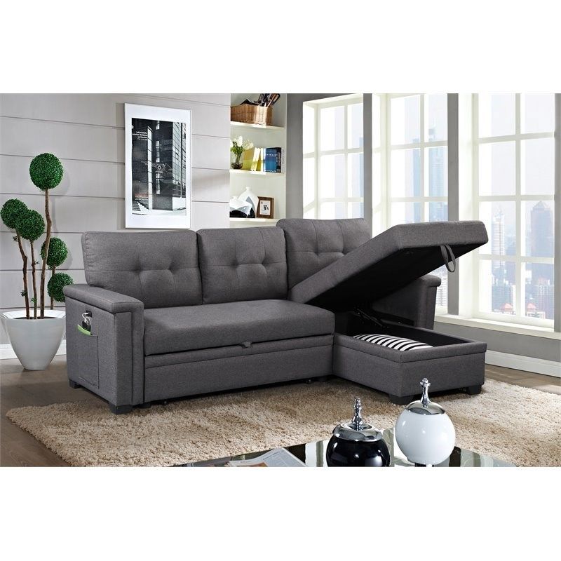 Bowery Hill Gray Reversible Sleeper Sofa Storage Chaise With Usb ... pertaining to Bowery Hill Fabric Gray Reversible Sleeper Sofa Storage Chaise With Usb Ports